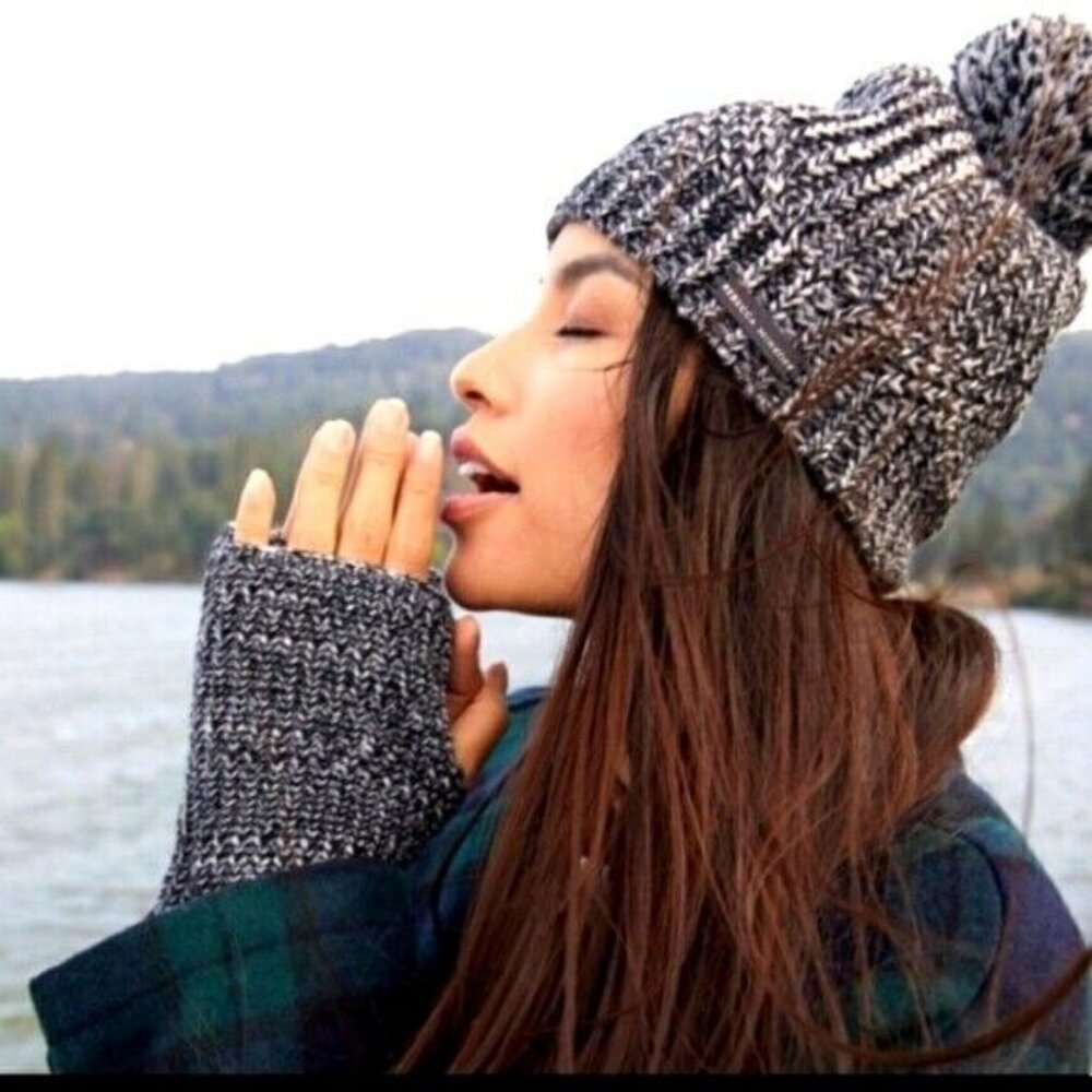 REBECCA MINKOFF Set Marled Pom-Pom Beanie, Hand\Arm Warmers Black\White NWT